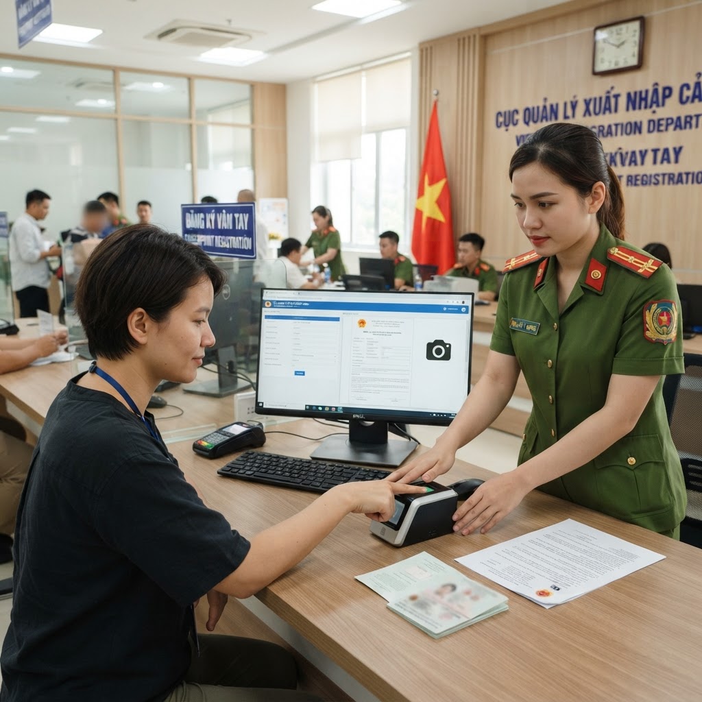 Foreign resident completing electronic identification registration at a Vietnamese Police immigration office under Decree 320/2026