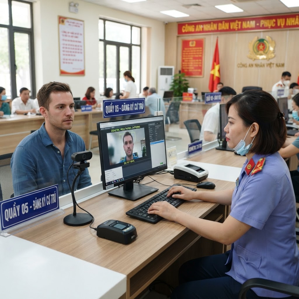 Vietnamese Police officer completing facial-image biometric identification for a foreign resident during eID registration