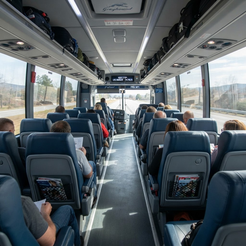 Inside a Greyhound bus showing reclining passenger seats