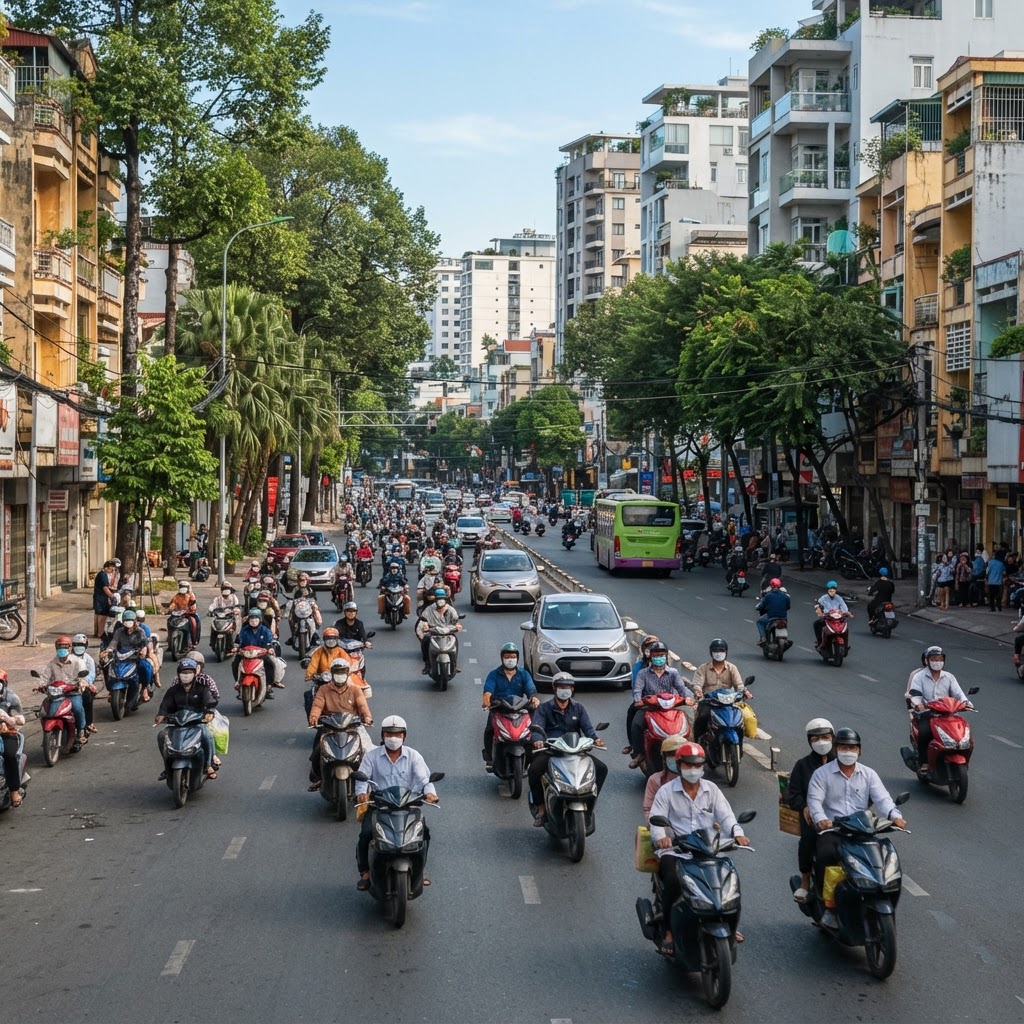 A busy Vietnamese urban street with motorbikes and cars in traffic, riders wearing helmets