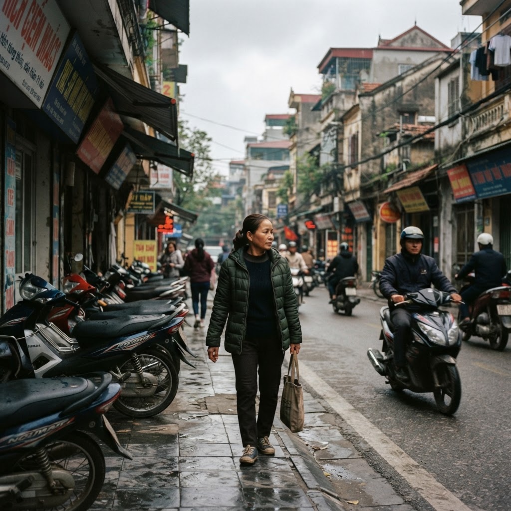 A person wearing a warm insulated jacket, sweater, and long trousers walking through Hanoi's Old Quarter on a cool overcast winter day