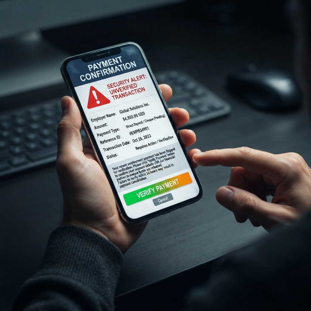 A suspicious online employment payment screen with a warning symbol