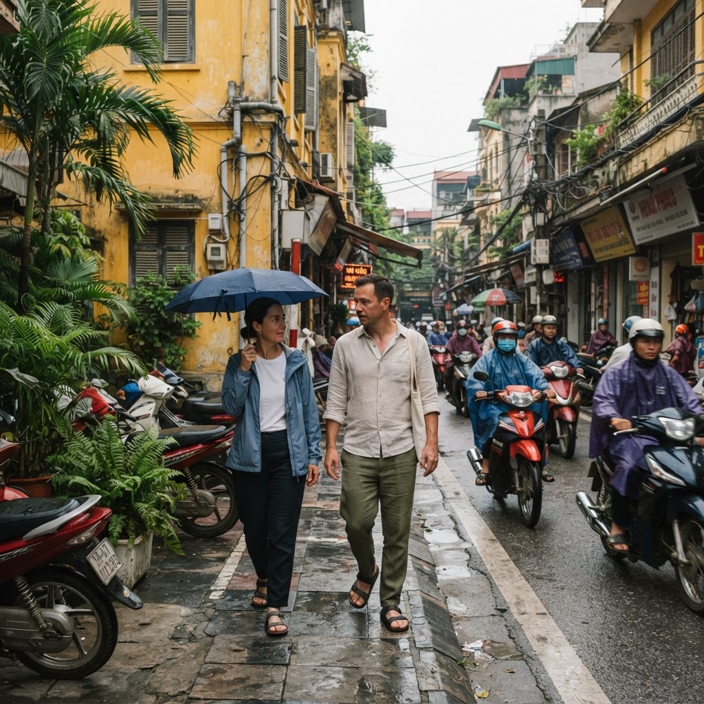 Travelers dressed in lightweight breathable clothing and a light rain jacket walking on a Vietnamese street on an overcast day