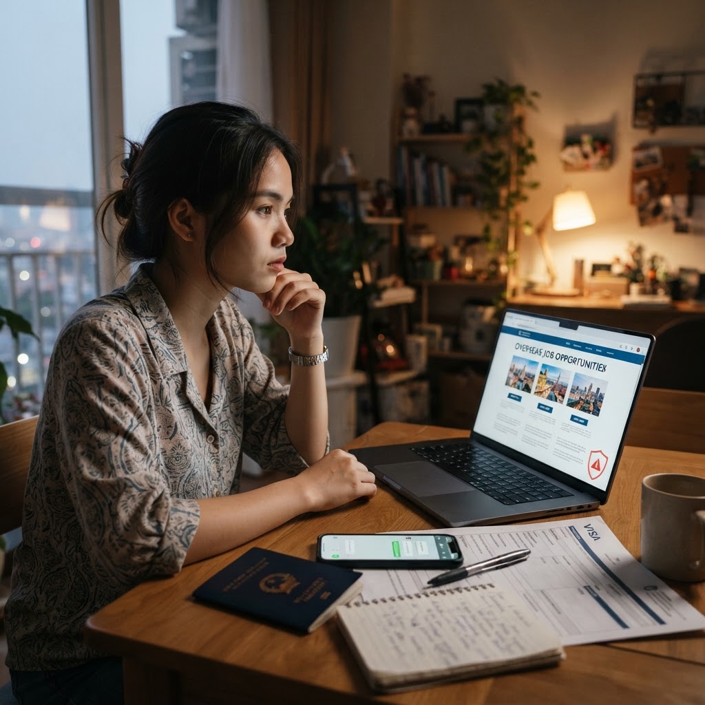A Vietnamese job seeker looks at an overseas employment advertisement with passport and travel documents