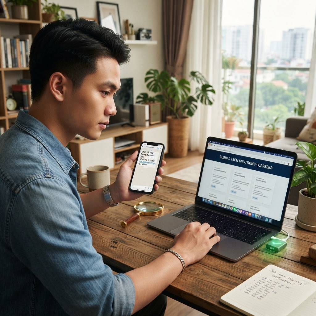 A Vietnamese job seeker compares a suspicious job message with an independently verified company website