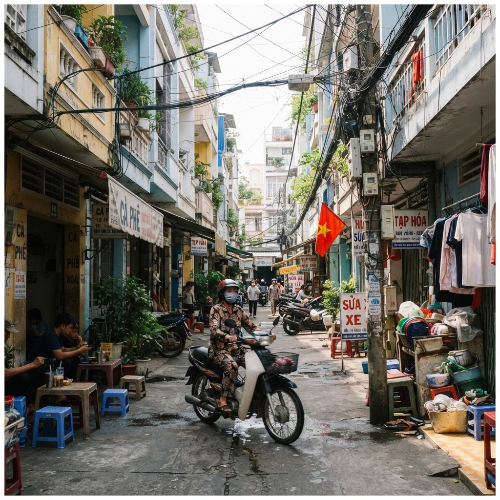 Narrow alley in a Vietnamese city with a motorbike passing between houses