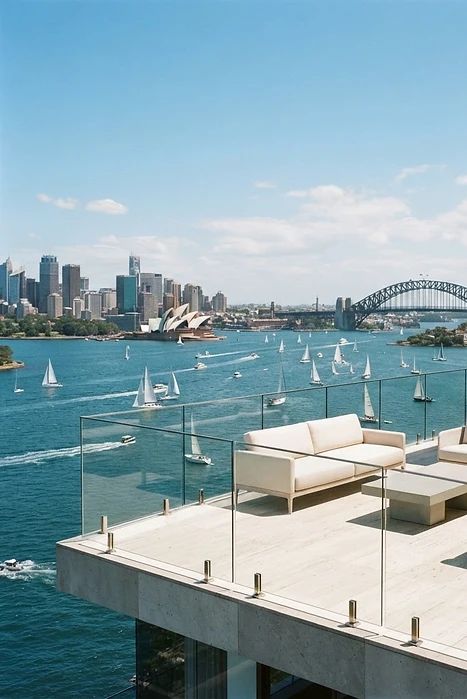 Waterfront living room with Sydney Harbour views in a Luna Bay managed short stay