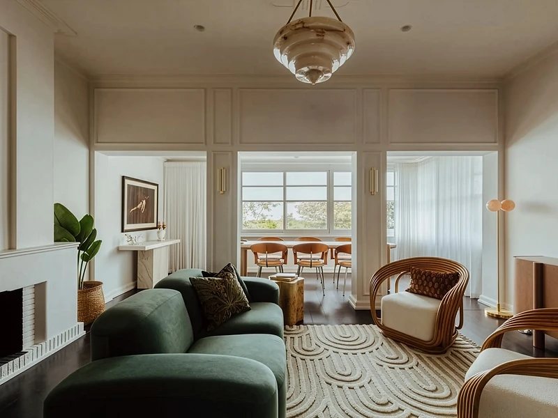 Transitional living room with green sofa, rattan chairs and dining area through archway
