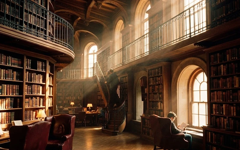 Atmospheric library with golden light