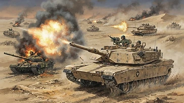 A US M1A1 Abrams tank fires in the desert during the Battle of 73 Easting, 1991 Gulf War.