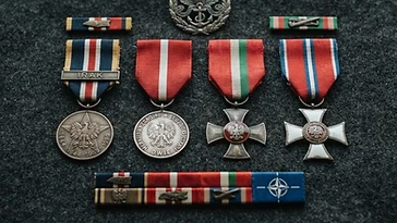 Realistic illustration of the military medals and badges awarded to Andrzej Poczobut, including Iraq Star, Medal of the Armed Forces in the Service of the Fatherland, Warsaw Uprising Cross, Order of the Military Cross, shown against a light Poland flag background. AI-generated illustration, not an authentic photograph.