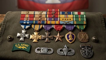 Realistic illustration of the military medals and badges awarded to Larry Thorne, including Mannerheim Cross (Finland), Legion of Merit, Distinguished Flying Cross, Bronze Star, Purple Heart, shown against a light Laos flag background. AI-generated illustration, not an authentic photograph.