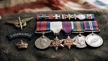 Realistic illustration of the military medals and badges awarded to Jack Churchill, including Distinguished Service Order and Bar, Military Cross, shown against a light United Kingdom flag background. AI-generated illustration, not an authentic photograph.