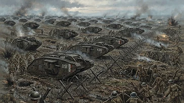 カンブレーの戦い（1917年）で戦車が突如現れた様子を描いた歴史的イラスト