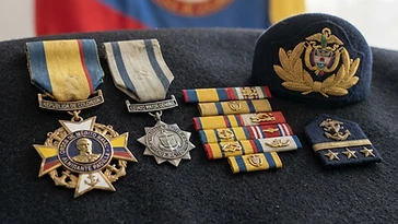 Realistic illustration of the military medals and badges awarded to Guillermo Barrera, including Order of Naval Merit Almirante Padilla, Military Medal for Distinguished Service to the General Staff, shown against a light Colombia flag background. AI-generated illustration, not an authentic photograph.