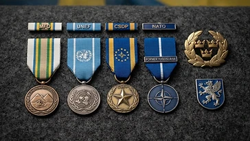 Realistic illustration of the military medals and badges awarded to Erik Sandahl, including Multinational Force and Observers Medal, United Nations Emergency Force Medal, European Union Common Security and Defence Policy Service Medal, NATO Medal for the Former Yugoslavia, shown against a light Other Allied flag background. AI-generated illustration, not an authentic photograph.