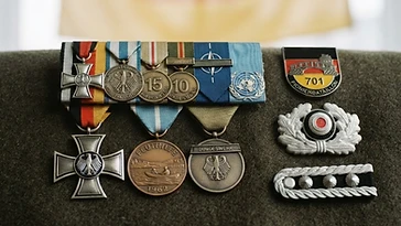 Realistic illustration of the military medals and badges awarded to Thomas Klein, including German Flood Service Medal, shown against a light West Germany flag background. AI-generated illustration, not an authentic photograph.