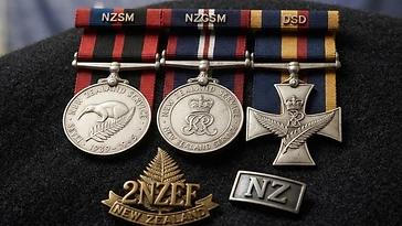 Realistic illustration of the military medals and badges awarded to Unknown Veteran, including New Zealand Service Medal 1939-1945, New Zealand General Service Medal 1992, New Zealand Distinguished Service Decoration, shown against a light New Zealand flag background. AI-generated illustration, not an authentic photograph.