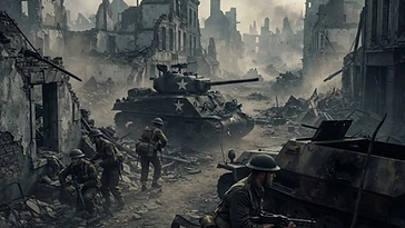 1944年、D-Day後の激戦となったCaenの戦いの様子を描いた歴史的イラスト