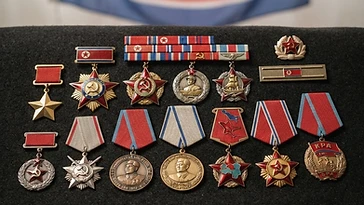 Realistic illustration of the military medals and badges awarded to Ri Su-bok, including Order of Admiral Yi Sun-shin, Medal of the Korean People's Army, Commemorative Medal Fatherland Liberation War 1950-1953, Medal for the Liberation of Korea, Medal for Military Merit, Order of Military Service Honour, Order of Freedom and Independence, Order of Soldier's Honour, Order of the National Flag, Hero of the Republic, shown against a light North Korea flag background. AI-generated illustration, not an authentic photograph.