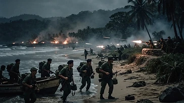 Soldaten bei einer historischen militärischen Operation am Strand.