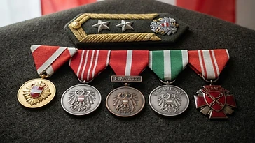 Realistic illustration of the military medals and badges awarded to Robert Brieger, including Military Merit Decoration, Military Service Medal, Military Deployment Medal, Military Recognition Medal, Decoration for Services to the Liberation of Austria, shown against a light Austria flag background. AI-generated illustration, not an authentic photograph.