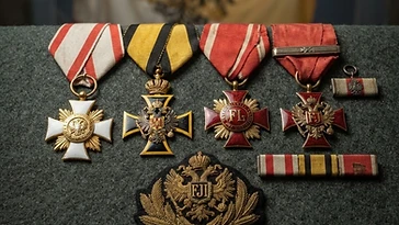 Realistic illustration of the military medals and badges awarded to Franz Conrad von Hötzendorf, including Military Order of Maria Theresa, Order of the Iron Crown, Order of Leopold, Order of Franz Joseph, shown against a light Austria-Hungary flag background. AI-generated illustration, not an authentic photograph.
