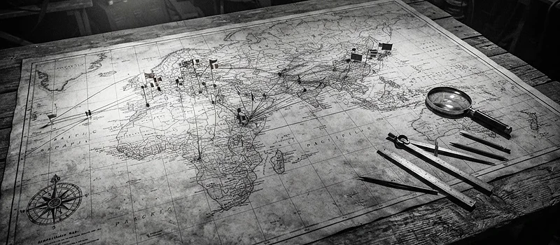 Vintage world operations map with pins and dividers on a field table