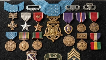 Realistic illustration of the military medals and badges awarded to Paul Ray Smith, including Medal of Honor, shown against a light Iraq flag background. AI-generated illustration, not an authentic photograph.