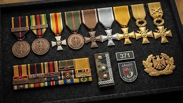 Realistic illustration of the military medals and badges awarded to Daniel Seibert, including Bundeswehr Combat Action Medal, Bundeswehr Foreign Duty Medal, Order of Merit of the Federal Republic of Germany, Bundeswehr Medal of Honour, Bundeswehr Cross of Honour in Bronze, Bundeswehr Cross of Honour in Silver, Bundeswehr Cross of Honour in Gold, Bundeswehr Cross of Honour in Gold with Special Distinction, Bundeswehr Cross of Honour for Valour, shown against a light West Germany flag background. AI-generated illustration, not an authentic photograph.