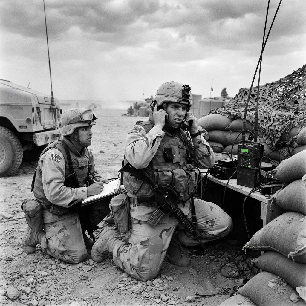 A soldier operating a tactical radio in the Iraqi desert