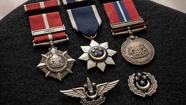 Realistic illustration of the military medals and badges awarded to Saad Bin Mohamed, including Pingat Gagah Berani, Bintang Temasek, Singapore Armed Forces Overseas Service Medal, shown against a light Singapore flag background. AI-generated illustration, not an authentic photograph.