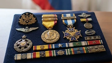 Realistic illustration of the military medals and badges awarded to Edgar Falley, including Order of Military Merit Antonio Nariño, Air Force Cross for Aeronautical Merit, shown against a light Colombia flag background. AI-generated illustration, not an authentic photograph.