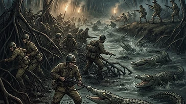 Hình minh họa lịch sử về vụ thảm sát cá sấu trong Thế chiến II trên đảo Ramree (1945)