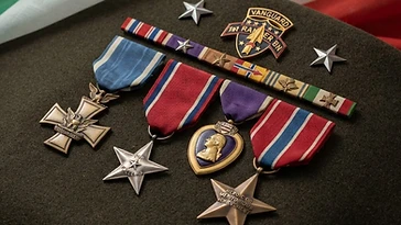 Realistic illustration of the military medals and badges awarded to William O. Darby, including Distinguished Service Cross, Silver Star, Purple Heart, Bronze Star Medal, shown against a light Italy flag background. AI-generated illustration, not an authentic photograph.