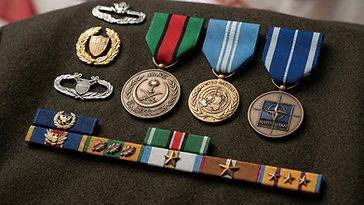 Realistic illustration of the military medals and badges awarded to Norman Schwarzkopf, including Kuwait Liberation Medal (Saudi Arabia), United Nations Service Medal (Korea), NATO Medal (International Security Assistance Force), shown against a light Allied Powers flag background. AI-generated illustration, not an authentic photograph.