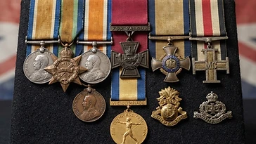 Realistic illustration of the military medals and badges awarded to Philip Neame, including Victoria Cross, Olympic Gold Medal (1924), shown against a light United Kingdom flag background. AI-generated illustration, not an authentic photograph.
