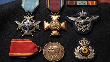 Realistic illustration of the military medals and badges awarded to Horia Agarici, including Order of Aeronautical Virtue, Order of Michael the Brave, Military Virtue Medal, shown against a light Romania flag background. AI-generated illustration, not an authentic photograph.