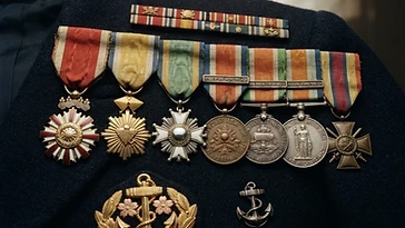 Realistic illustration of the military medals and badges awarded to Isoroku Yamamoto, including Great East Asia War Medal, China Incident War Medal, World War I Inter-Allied Victory Medal, Russo-Japanese War Medal, Order of the Sacred Treasure, Order of the Rising Sun, Order of the Golden Kite, World War I War Medal, shown against a light Japan flag background. AI-generated illustration, not an authentic photograph.
