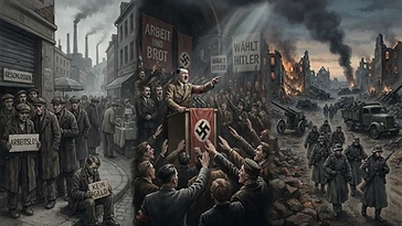 世界恐慌がどのように第二次世界大戦へつながったかを示す歴史的イラスト (1930年)