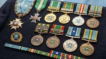 Realistic illustration of the military medals and badges awarded to Mohamed Siad Barre, including Medal for Military Service, National Liberation Medal, Defence Superior Service Medal, Foundation of the Supreme Revolutionary Council Medal, Gold Medal for Bravery and Service, Somali National Army Order of Honor, Medal for the War with Ethiopia, Medal for the Ogaden War, Medal for Military Valour, Order of the Somali Star, shown against a light Somalia flag background. AI-generated illustration, not an authentic photograph.