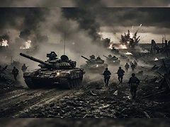 War action shot — tank column advancing through a battlefield at dusk