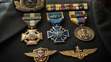 Realistic illustration of the military medals and badges awarded to Luis Felipe Carnevali, including Cross of the National Guard, Cross of the Venezuelan Air Force, Naval Medal Admiral Luis Brion, shown against a light Venezuela flag background. AI-generated illustration, not an authentic photograph.