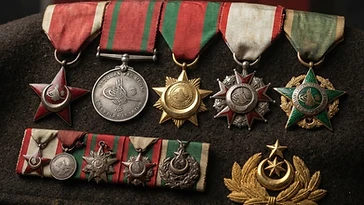 Realistic illustration of the military medals and badges awarded to Enver Pasha, including Ottoman War Medal, Imtiaz Medal, Liakat Medal, Order of the Medjidie, Order of Osmanieh, shown against a light Ottoman Empire flag background. AI-generated illustration, not an authentic photograph.