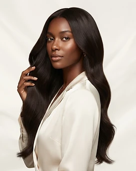 Model with long glossy espresso waves