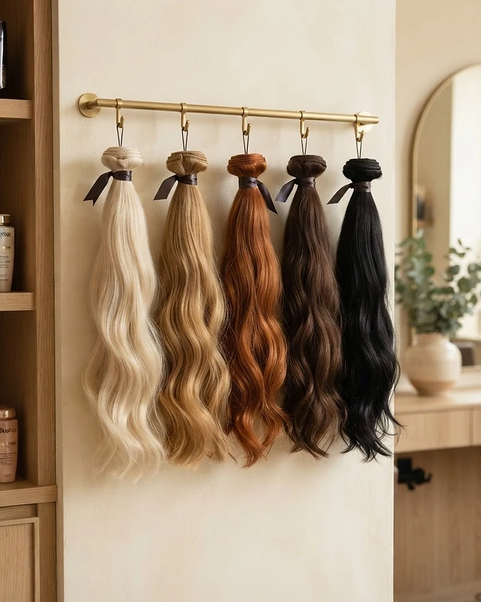 Platinum, honey blonde, copper, chocolate and black hair extension bundles in an elegant salon