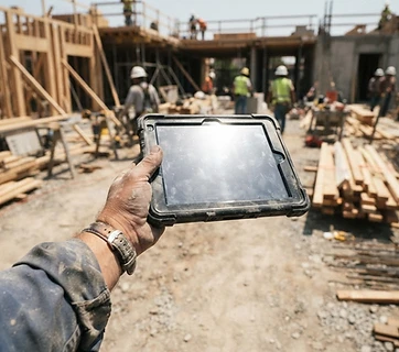 A contractor holding a tablet on a dusty construction site