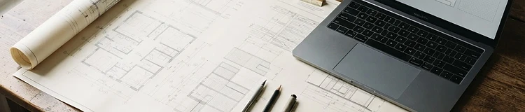 Architectural blueprints and a laptop on a work table
