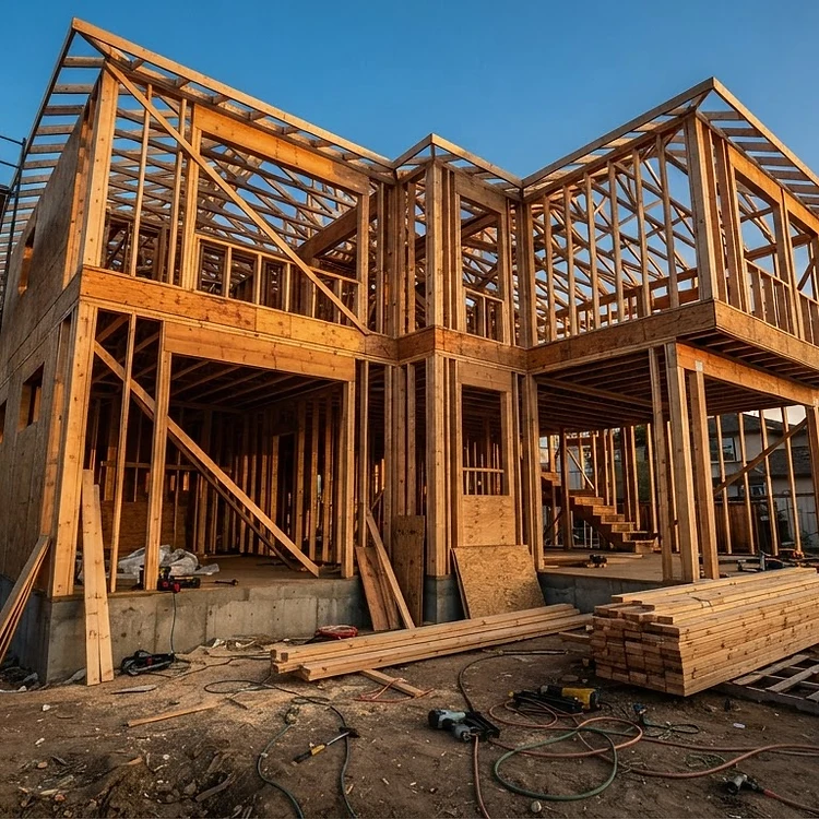 An active residential construction framing site at golden hour