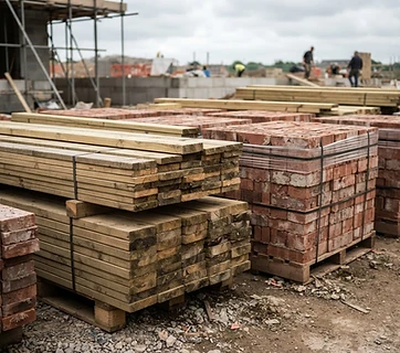 Neatly stacked lumber and pallets of brick on a construction site